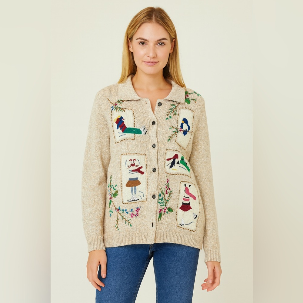 Alfred Dunner Embroidered‎ Cotton Ramie Blend Cream Knit Sweater PM